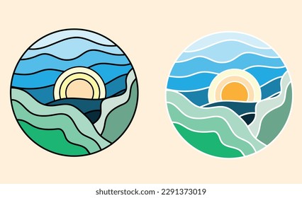 Diseño del logo de un círculo con paisaje, cielo y colinas, sol, mosaico, estilo de arte psicodélico.