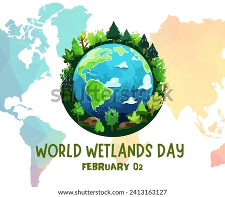 Circle logo design, a wetland consisting of green grass, yellow flowers, green trees 
and a blue lake to commemorate World Wetlands Day in creative vector 2 february
