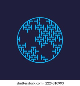 emblema del logotipo del círculo.Icono de estilo geométrico aislado en el fondo oscuro.Tecnología, líneas de diseño deco.Concepto moderno, web, técnico, laberinto.Diseño circular abstracto.Ilustración de color azul.