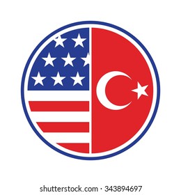 Circle Logo With Flag Of US And Turkey. Logo Vector.