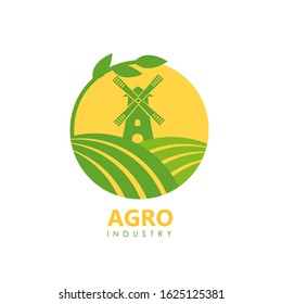 Circle logo of green fields and mill for agro company or vegan food. Vector