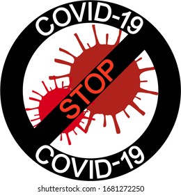 A circle logo stop COVID19 logo isolated on white background. There’re two red viruses in side the circle, and a word STOP at the center.