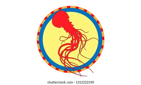 Circle logo wich danger red medusa. Attention of jellyfish. Poison long tentacles