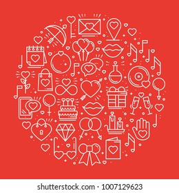 Circle with love symbols in line style. Love couple relationship dating wedding romantic amour concept theme. Unique Valentine day round print. Elements, icons