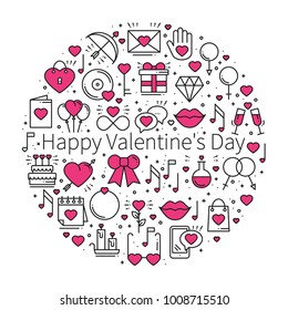 Circle with love symbols in line style. Love couple relationship dating wedding romantic amour concept theme. Unique Valentine day round print. Elements, icons