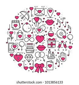 Circle with love symbols in line style. Love couple relationship dating wedding romantic amour concept theme. Unique Valentine day round print. Elements, icons