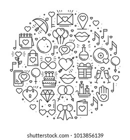Circle with love symbols in line style. Love couple relationship dating wedding romantic amour concept theme. Unique Valentine day round print. Elements, icons