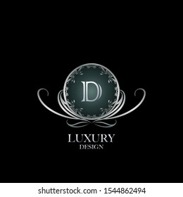 Circle Luxury Logo Letter D. Elegant logo design concept letter  D on silver circle  frame with floral element for boutique, hotel, fashion and more brands.
