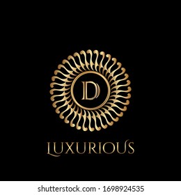 Circle luxury logo with letter D and symmetric swirl shape vector design logo gold color.