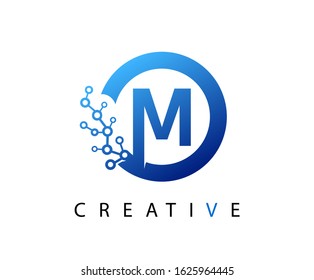Circle M Letter Digital Network , abstract blue M technology logo design.