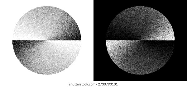 Un círculo hecho de puntos negros sobre fondo blanco y el mismo círculo con puntos blancos sobre negro. Diseño de gradiente Abstractas que muestra simetría, contraste y percepción visual.
