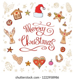 Circle made of christmas decorative elements. Pretty card. Calligraphy phrase Merry Christmas. Traditional festive symbols. Isolated on white background. Vintage style. Vector color illustration.
