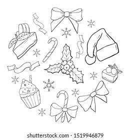 Circle made of christmas elements. Christmas set vector that consists of desserts, Santa hat and bow with caramel cane and snowflakes with mistletoe. 
