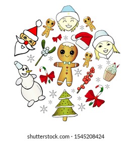 Circle made of colored christmas elements. Christmas set vector that consists of desserts, Santa hat and bow with caramel cane and snowflakes with mistletoe. 