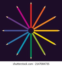 Círculo hecho de lápices de colores. Paleta de colores creativos.