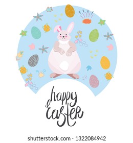 Circle made with cute Easter pink bunny and decorated eggs. Hand lettering note happy Easter. Vector illustration isolated on white background.