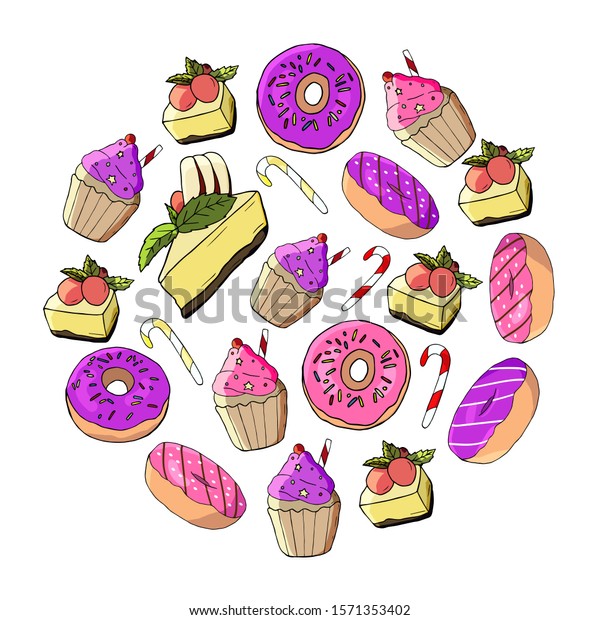 Circle Made Different Desserts Set Handrawn Stock Vector (Royalty Free ...