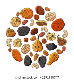 Circle made of different dried fruit and Nuts.Isolated on white background.