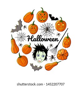 Circle made of different Halloween elements like pumpkins and spiders with bats. Round template for greeting cards isolated on white.