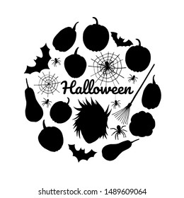 Circle made of different silhouettes of Halloween elements like pumpkins and spiders with bats.