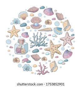 Círculo hecho de diferentes peces estrella, frasco de vidrio con varias conchas. Plantilla para tarjeta de felicitación. Objetos aislados sobre fondo blanco. tonos pastel rosa, azul y amarillo. El mar y los fondos marinos.
