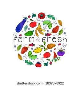Circle made of different Vegetables and fruits  . Hand drawn vector sketch. Healthy food or natural product logo illustration. Farm fresh signboard.
