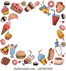 Circle made of elements. Colored hand drawn food and drinks