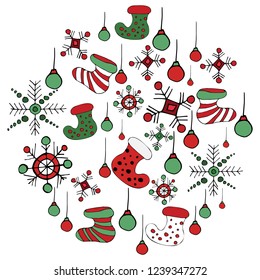 Circle made of ellements for christmas.New year set.Holidays collection on white background.Gifts.Christmas socks.Snowflake.Vector illustration.
