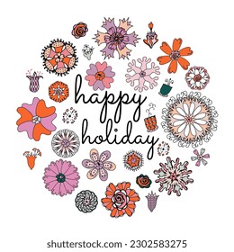 Circle made of floral elements in doodle style. Set of stylized flowers for postcards. Vector illustration.