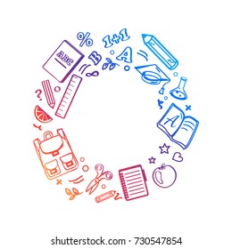 Circle made of icons of school theme such as books and formulas, backpacks and fruits, drawing images vector illustration isolated on white
