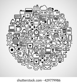 Círculo compuesto de iconos. Ilustración vectorial.
