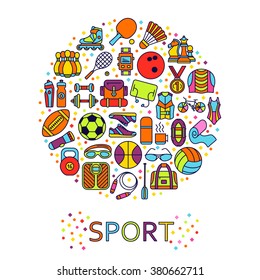 Circle made of line icons. Sport, fitness and recreation equipment. Rafting and kayaking. Info graphic elements. Simple design. Vector illustration