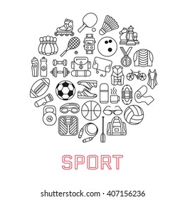 Circle made of line icons. Sport, fitness and recreation equipment. Rafting and kayaking. Simple design. Vector illustration