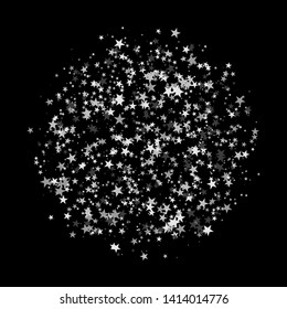 Circle made of silver stars. Gray and white confetti, glitter banner in abstract style. Vector pattern on black background