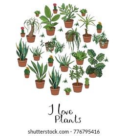 Círculo hecho de casa tipical y plantas al aire libre aisladas en fondo blanco. Plantilla con flores decorativas utilizadas para la jardinería y la decoración del hogar