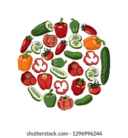 Circle made of tomatoes, cucumbers and bell peppers. Template with different vegetables and vegetable slices on white background for your design