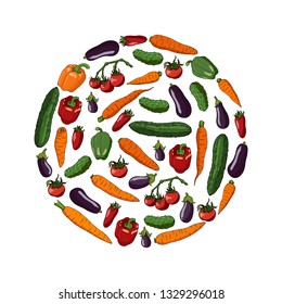 Circle made of tomatoes, cucumbers, carrots, eggplants and bell peppers. Template with different fresh vegetables on white background for your design