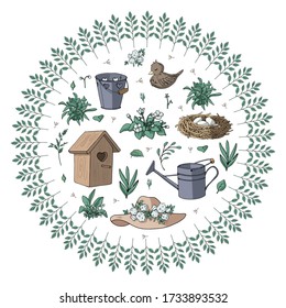 Circle made of various gardening set of elements. Template for greeting cards. Isolated objects on white background. Various elements and plants for garden. 