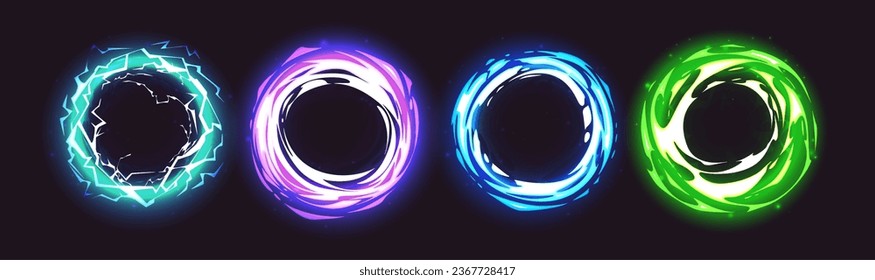 Circle magic light portal with neon glow effect. 3d blue energy round swirl abstract vector. Speed vortex wave flare element. Futuristic spiral multiverse teleport with lightning and electric tunnel