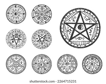 Circle magic pentagram sketch. Religion or occult ancient seal, alchemy or magic engraved vector emblem or witchcraft sacred tattoo. Astrology ritual sign with David star, pentagram star, moon and sun