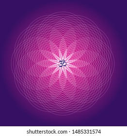 Circle mandala. Blue and purple colors. Sign Aum / Om / Ohm in center. Spiritual esoteric symbol. Vector graphics.