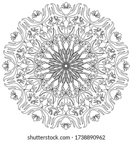 Circle mandala coloring page. Decorative hand drawn mandala. Black and white mandala poster.
