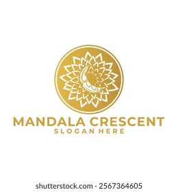 Circle Mandala and Crescent Moon Gold logo vector template