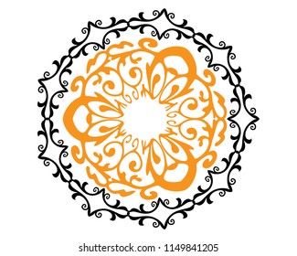 circle mandala with floral design, vector illustration in black and orange , for decorating use 