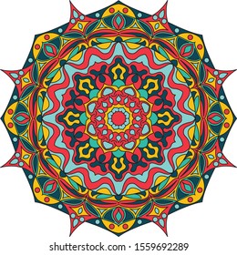 Circle mandala with intense colors, blue, dark blue, yellow and red. Relax mandala. 