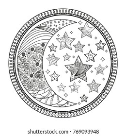 Circle mandala. Line background. Hand drawn lines. Zentangle. Half moon and stars. Doodle for design. Design for spiritual relaxation for adults. Wallpaper. Art creative