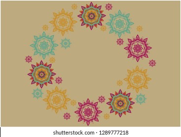 circle with mandala on a beige backgraund (purple, yellow, blue)