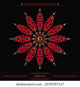 Circle mandala on black background, workpiece for your design. Decorative asian ornamental elements and motifs of Kazakh, Kyrgyz, Uzbek, national Asian decor for round plate, textile and print design.
