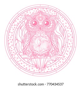 Circle mandala with owl. Zentangle. Hand drawn abstract patterns on isolation background. Design for spiritual relaxation for adults. Zendala. Outline for tattoo, printing on t-shirts, posters