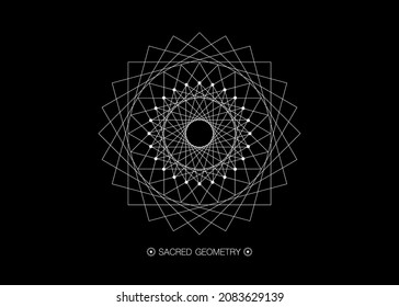 Circle mandala, Sacred Geometry, round frame sign geometric logo design with intertwining of square and triangular shapes, black line drawing mystic icon vector isolated on black background 